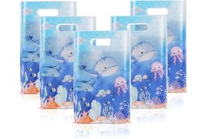Mikzhskr 30Pcs under the Sea Party Favors Bags with Handle Blue Ocean Animals Themed Goodie Candy Snack Bag Plastic Waterproof Whale Shark Gift Pack for Kids Birthday Decoration Supplies, 9.8 x 6.5 in