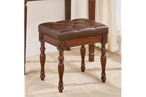 Solid Wood Vanity Bench Stool with Upholstered, Mid-Century Piano Bench with Carved Legs, Makeup Dressing Stools with Button 