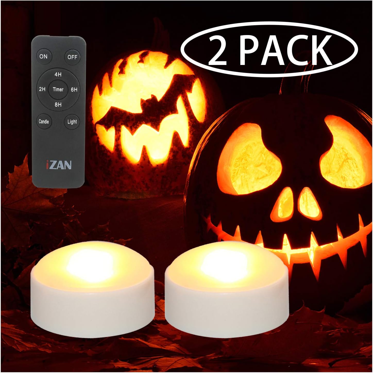 iZAN 2 Pack Battery Operated LED Lights with Remote and Timer, Bright Flickering Flameless Candle Set for Pumpkin Décor Jack-O-Lantern Halloween Party Home Christmas Decorations, White Color