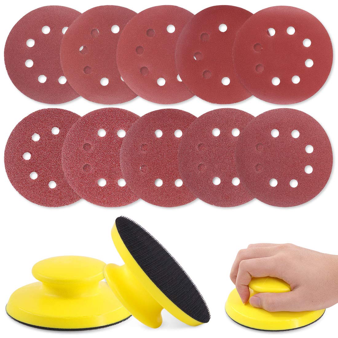 Glarks 62Pcs 5 Inch Hook and Loop Hand Sanding Block Round Sanding Pad Backing Plate with 60Pcs 8 Hole Hook and Loop Sanding Disc Set for Craft, Woodworking, Furniture Repairing