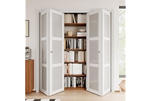 JuJuBon Bifold Doors for 72"x 80" Opening, 3-Lite Tempered Frosted Glass Closet Door with Sliding Hardware Kit, Interior Bi Fold Doors for Pantry, Solid Build Quality & Easy Install