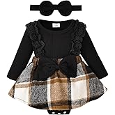 KAFIREN Baby Girl Clothes Fall Winter Outfit Plaid Romper Long Sleeve Dress Lace Ruffles Bodysuit with Bow Headband