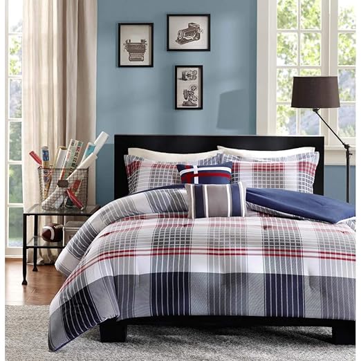 5 Piece Boys Grey Red Navy Blue Madras Glen Plaid Theme Comforter Full Queen Set Stylish All Over Tartan Check Plaided Bedding Horizontal Vertical