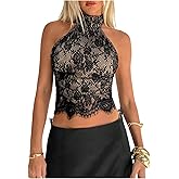 Floerns Women's Floral Lace Sleeveless Halter Tops Scallop Trim Backless Going Out Crop Tank Top