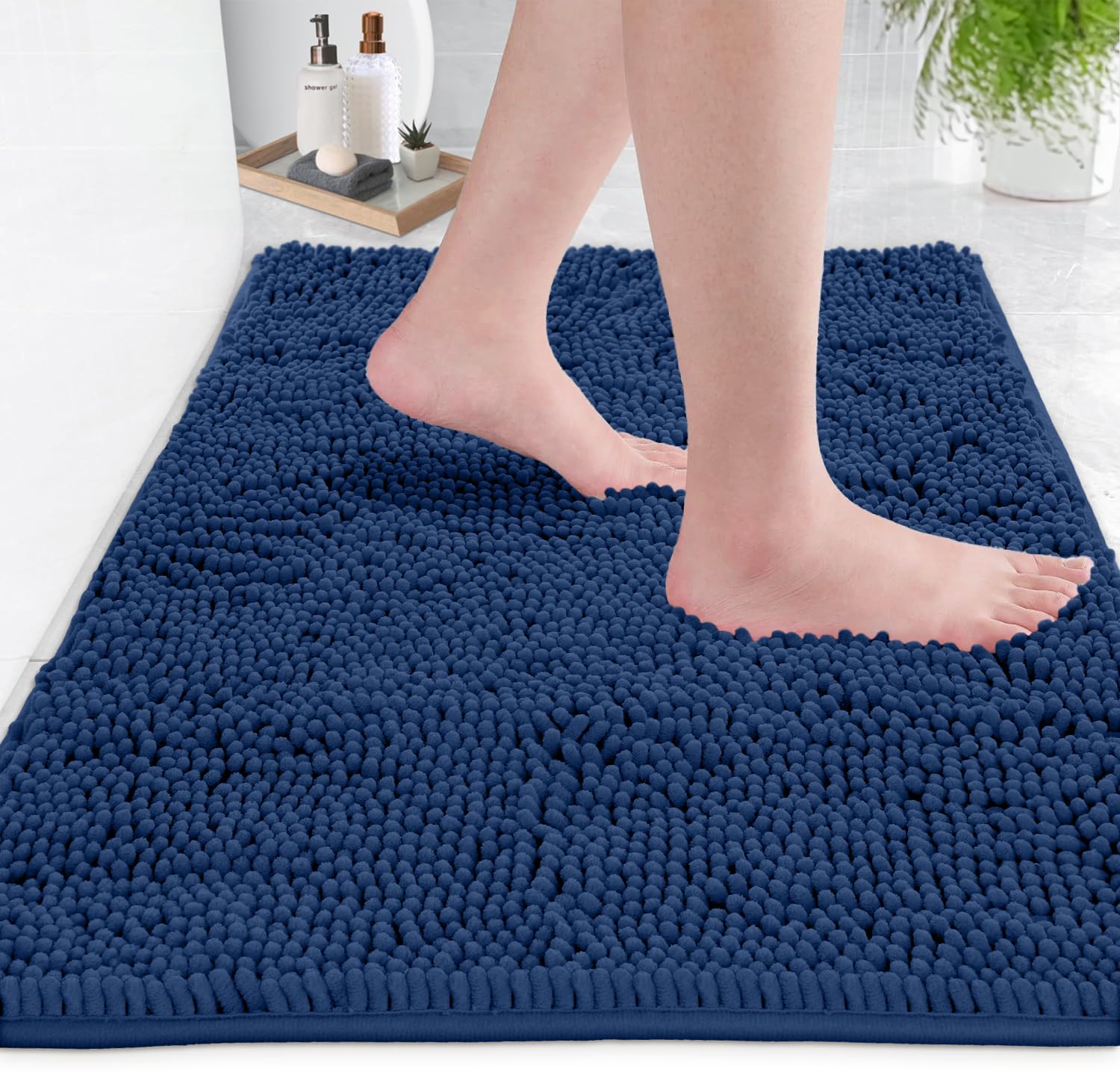 LuxUrux Bath Mat-Extra-Soft Plush Bath Shower Bathroom Rug, 1'' Chenille Microfiber Material, Super Absorbent Shaggy Bath Rug (Blue, 50 x 80 cm)