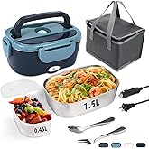 SOHIDA Electric Lunch Box, 12V/24V/110V Portable Food Warmer with SS Fork & Spoon for Car/Truck/Office, 80W Self Heating Lunch Box with 1.5L 304 Stainless Steel Container & 0.45L PP Fruit Box Blue