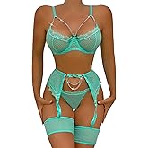 Aranmei Women’s Sexy Eyelash Fishnet Lingerie Set Chain Babydoll Underwire Bra and Panty Sets with Garter Belt 4 Pieces
