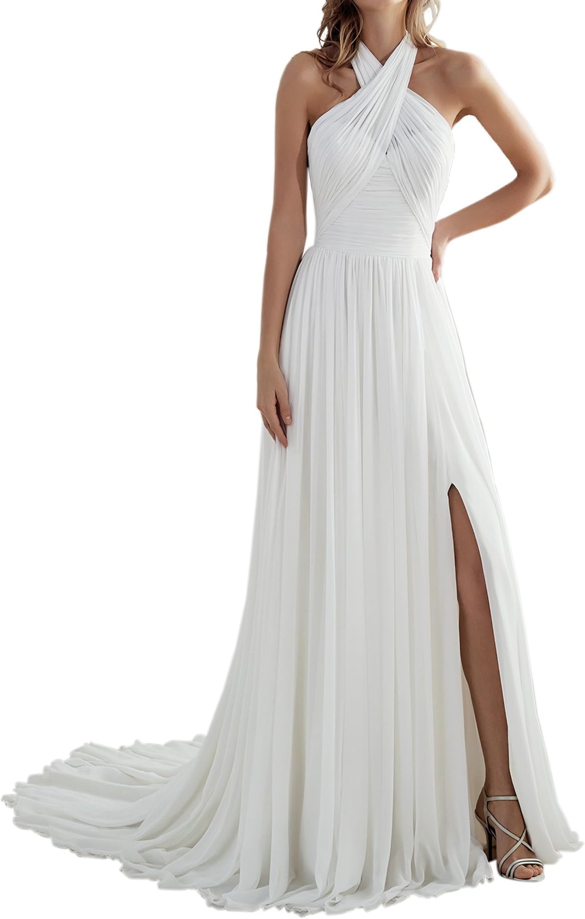 Women's Beach A Line Slit Low Back Long Chiffon Wedding Dress Bridal Gown for Bride