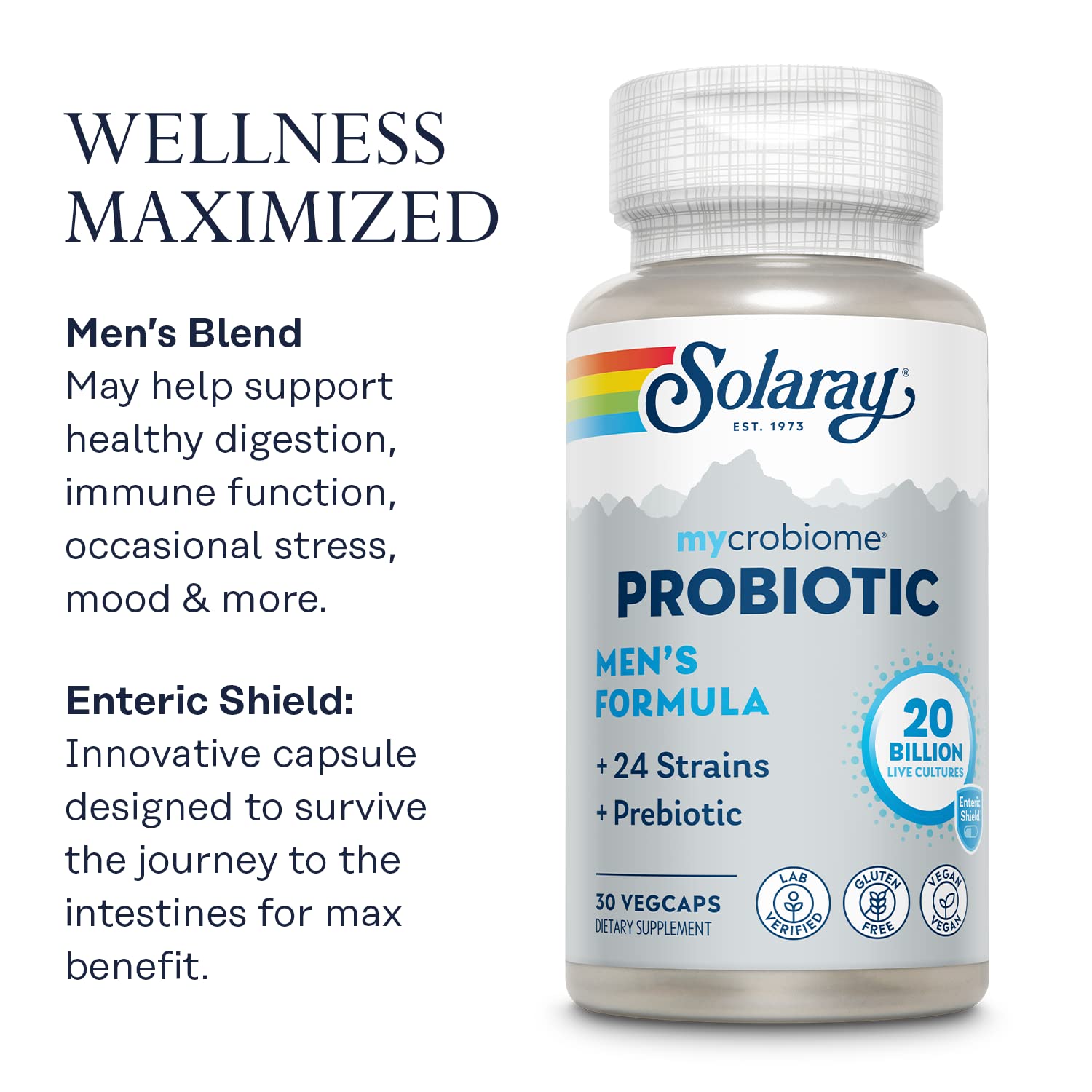 SOLARAY Mycrobiome Probiotic Men’s Formula, Probiotics for Men, Gut Health, Digestion, Immune Function & More, 20 Billion CFU Mens Probiotic, 24 Strains Plus Prebiotic, 30 Servings, 30 VegCaps