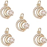 COGCHARGER 10 Pieces Moon with Star Brass Charm Pendant Cubic Zirconia Moon Phase Charm Real 18K Gold Plated for Jewelry Necklace Bracelet Making Crafts