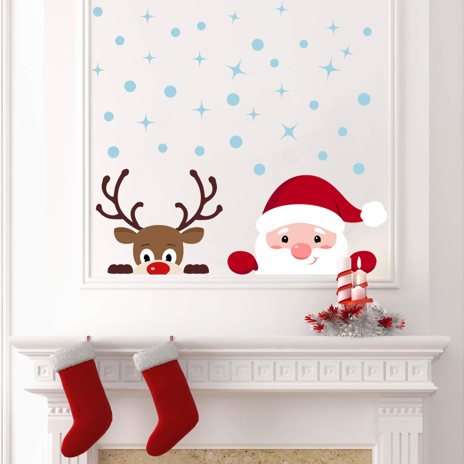 WALPLUS Peeking Santa & Rudolph Wall Stickers Nursery Removable Self-Adhesive Mural Art Decals Vinyl Home Decoration DIY Living Xmas Decor Wallpaper Kids Room Gift Stick on Wall
