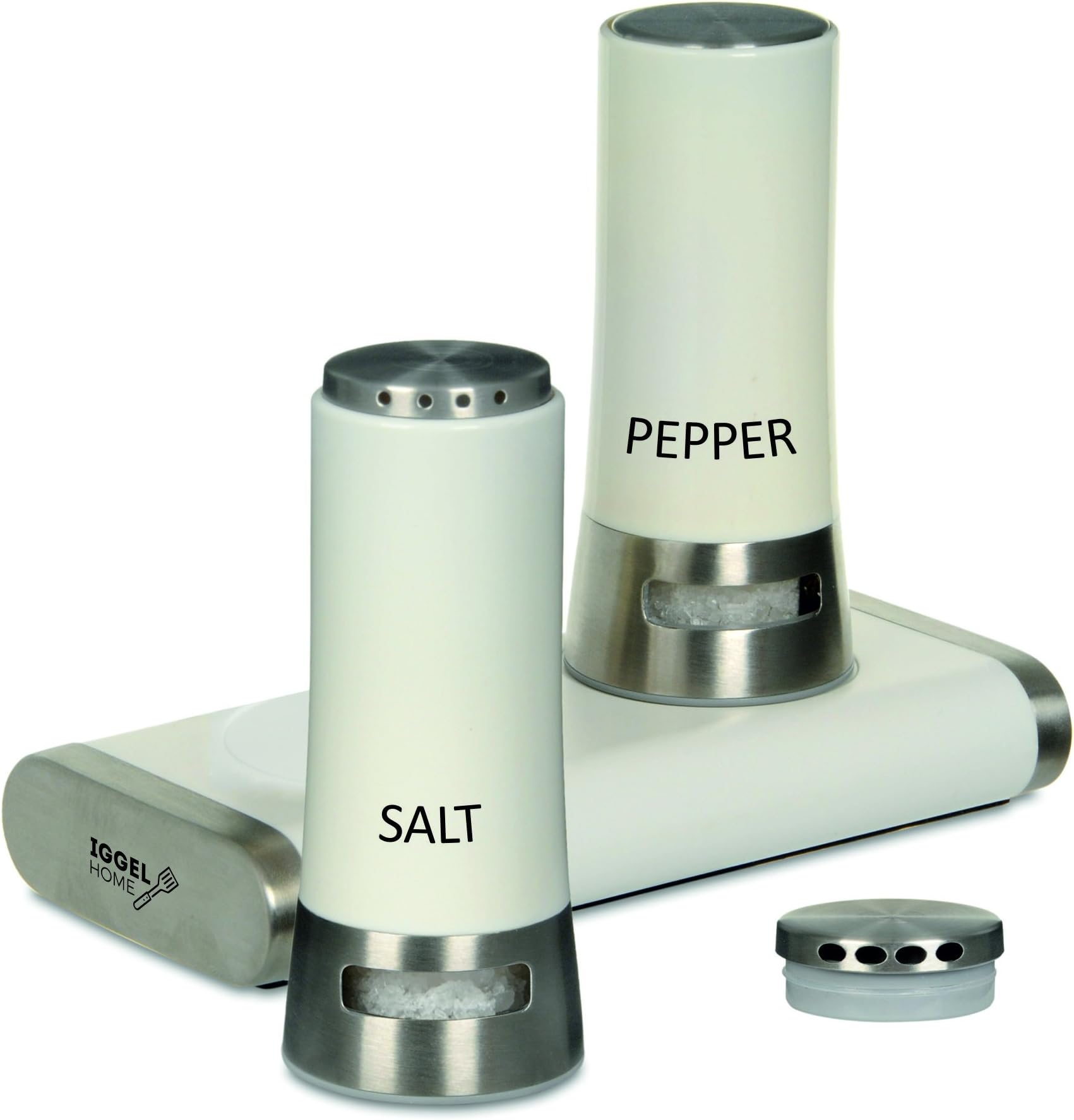 IGGEL Home Salt and Pepper Shaker Set - Magnetic Open Close Mechanism, Always Fresh Herbs, Adjustable Pour Holes, Modern Design (White, White)