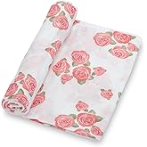 LollyBanks Muslin Swaddle Blankets for Girls, Large 47 x 47 Inches Soft Swaddles for Newborns, Breathable and Lightweight 100% Cotton Baby Blanket, Baby Essentials, Registry (Rose Print)