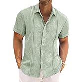 Runcati Mens Cuban Guayabera Shirts Short Sleeve Linen Casual Shirt Button Down Beach Summer Mexican Shirts