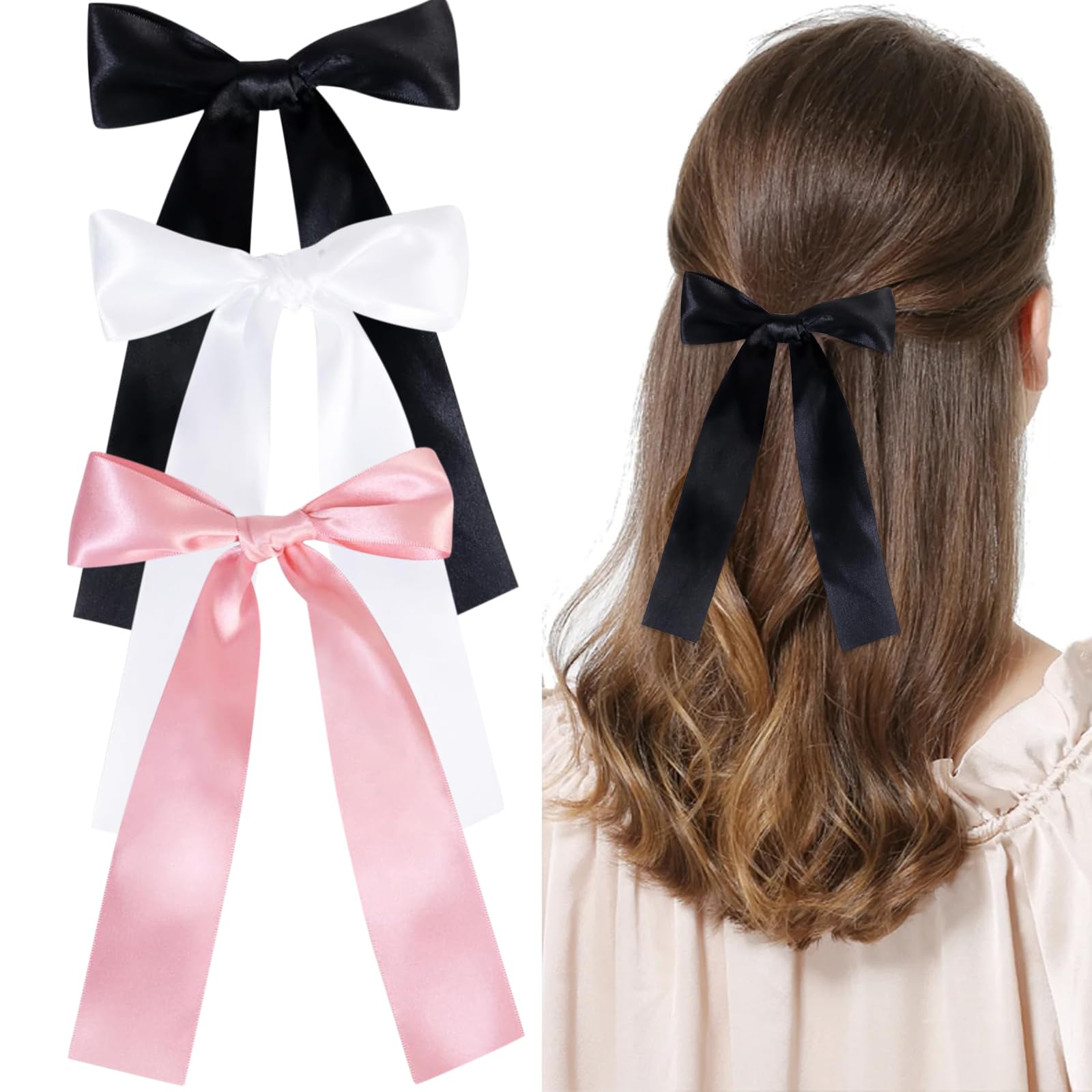 Pack of 2 Hair Bows for Girls, Hair Clips with Bow, Hair Accessories for Girls, Women, Satin Ribbon Bows Hair Bow (Black, White, Pink)
