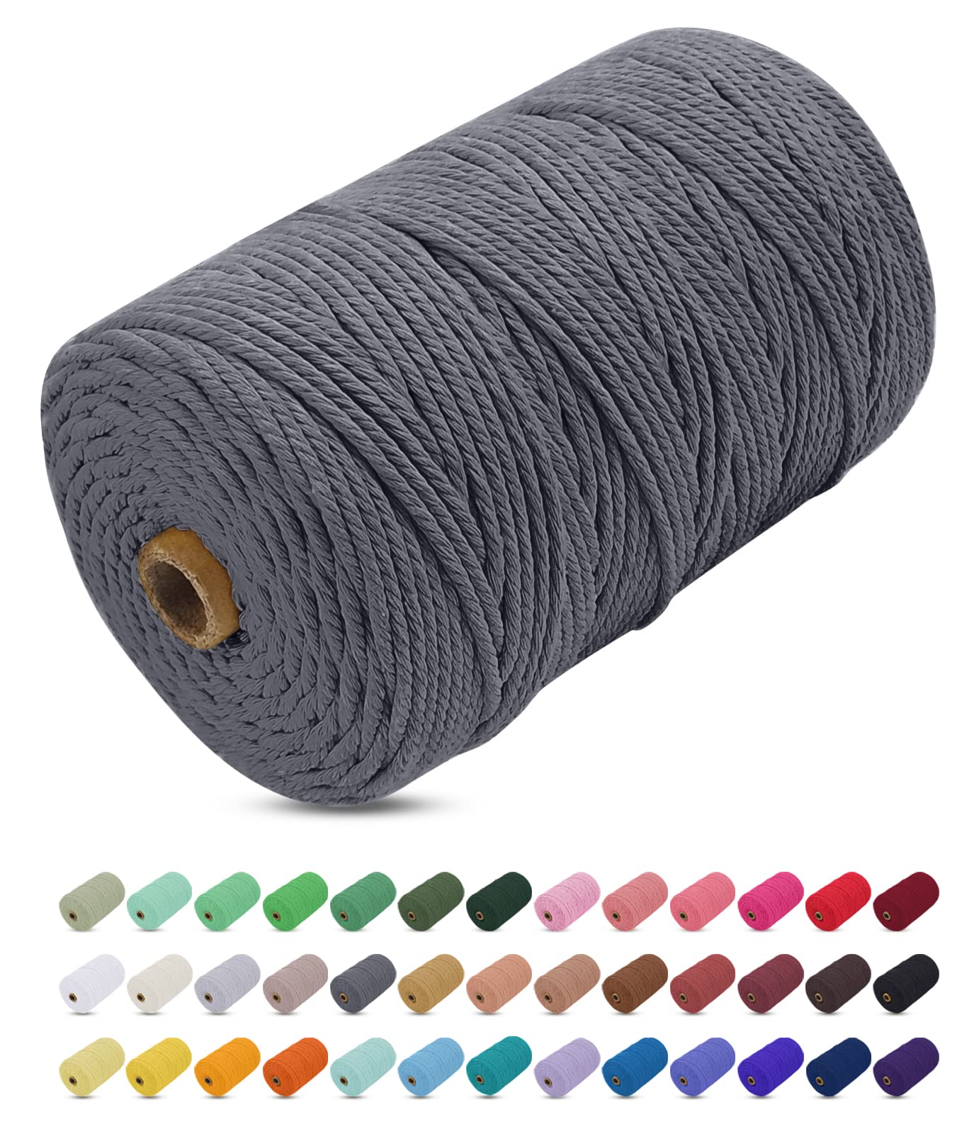 Uiopa Macrame Cord 3mm x 200m, Thick Rope Yarn Natural Cotton Cord, 4-Ply Macrame String for DIY Crafts, Plant Hangers, Wall Hangings, Decorations (Gray)