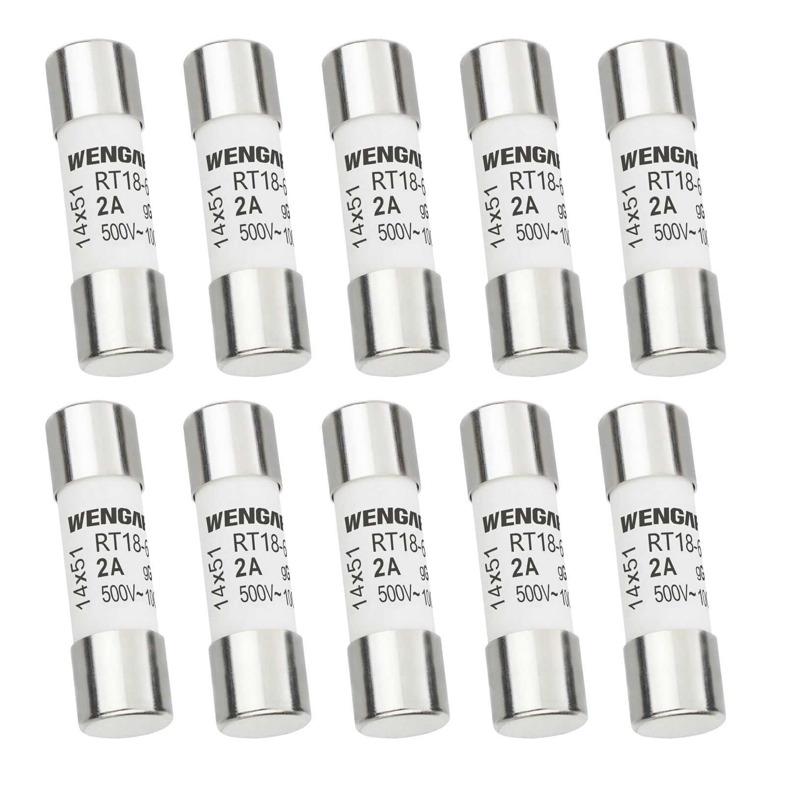 Wengart AC Cylindrical Ceramic Fuse RT18-63 (RO16), AC500V 2A, 100kA, 14x51mm, 10 pieces, Suitable for Household Appliances, Industrial Equipment,Building Electrical