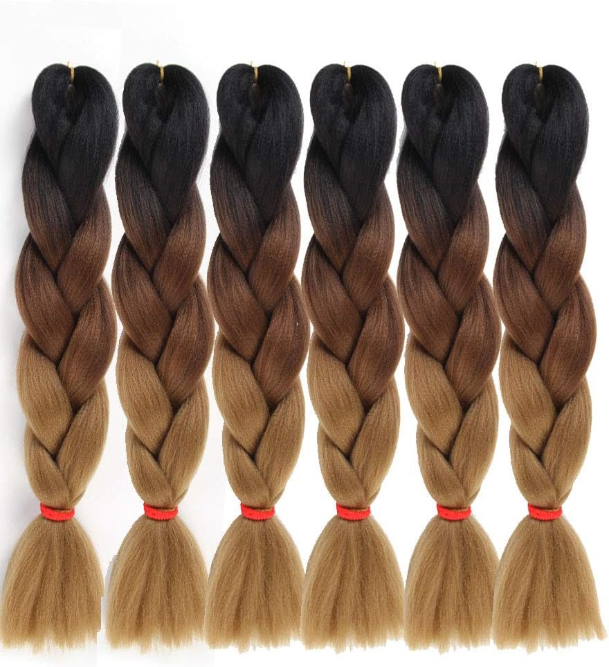 brown braiding hair 6pcs ombre jumbo braids extension 24inchbhot water setting synthetic fiber hair for braiding crochet twist box braids hair (Black/Dark Brown/Light Brown) - Image 3