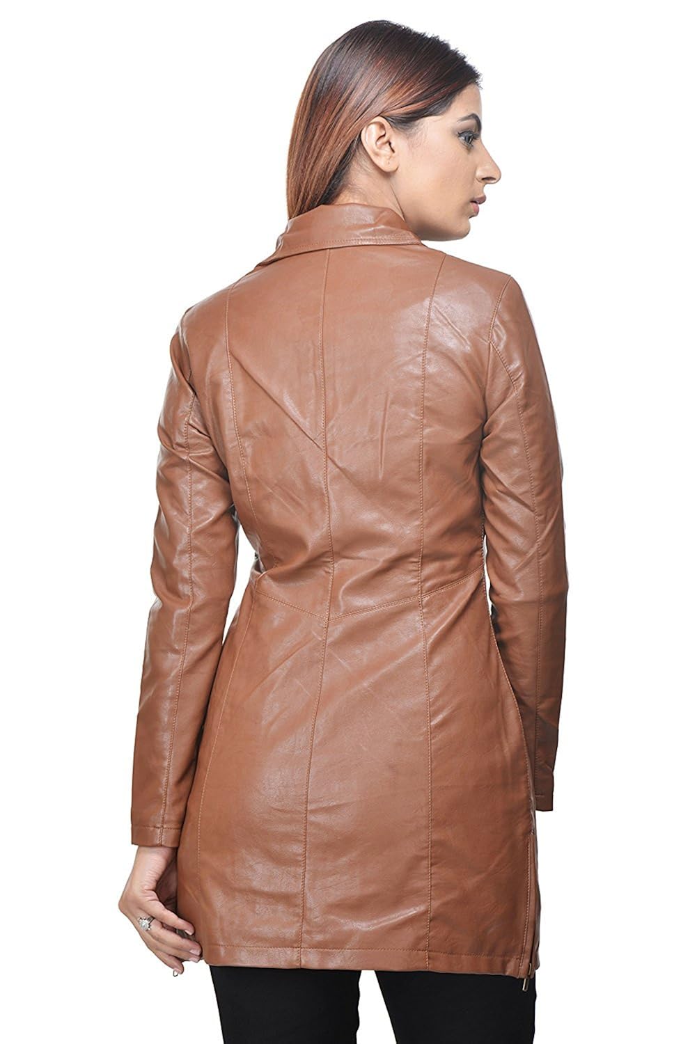 penymall women tan brown casual stylish winter long leather jacket coat