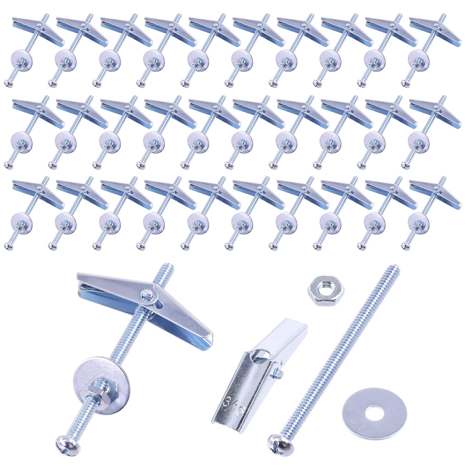 Keadic 30Pcs 3/16'' Toggle Anchors with Wing Nut and Hex Nuts, Washers, Heavy Duty Hollow Drywall Anchors Screw Kit for Frames Shelves Hanging Heavy Items