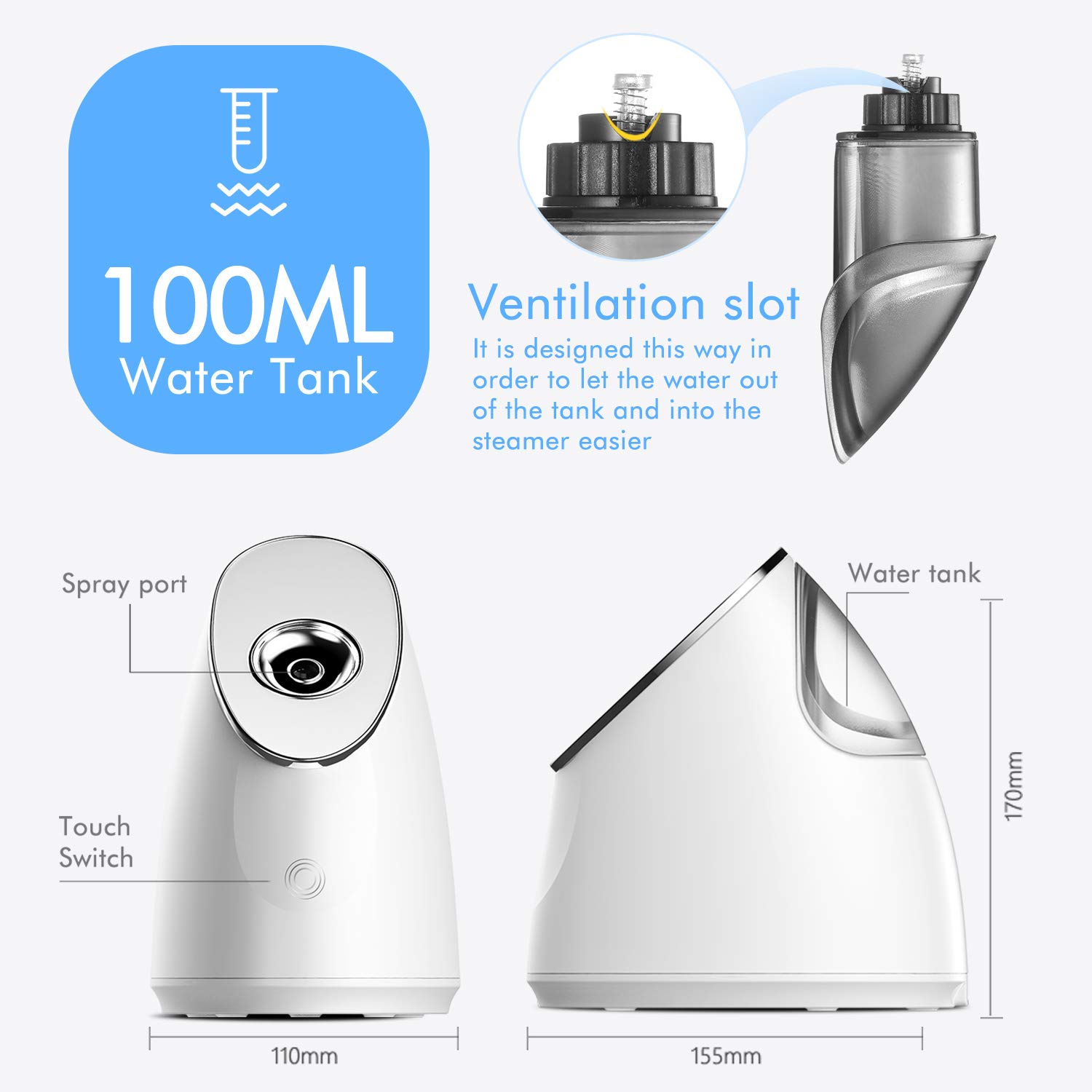 Zenpy Nano Ionic Facial Steamer Warm Mist Humidifier Atomizer Precise Temp Control Touch switch Humidifier Moisturizing Face Spa Steamer Blackhead Remover kit Hair Band: Beauty