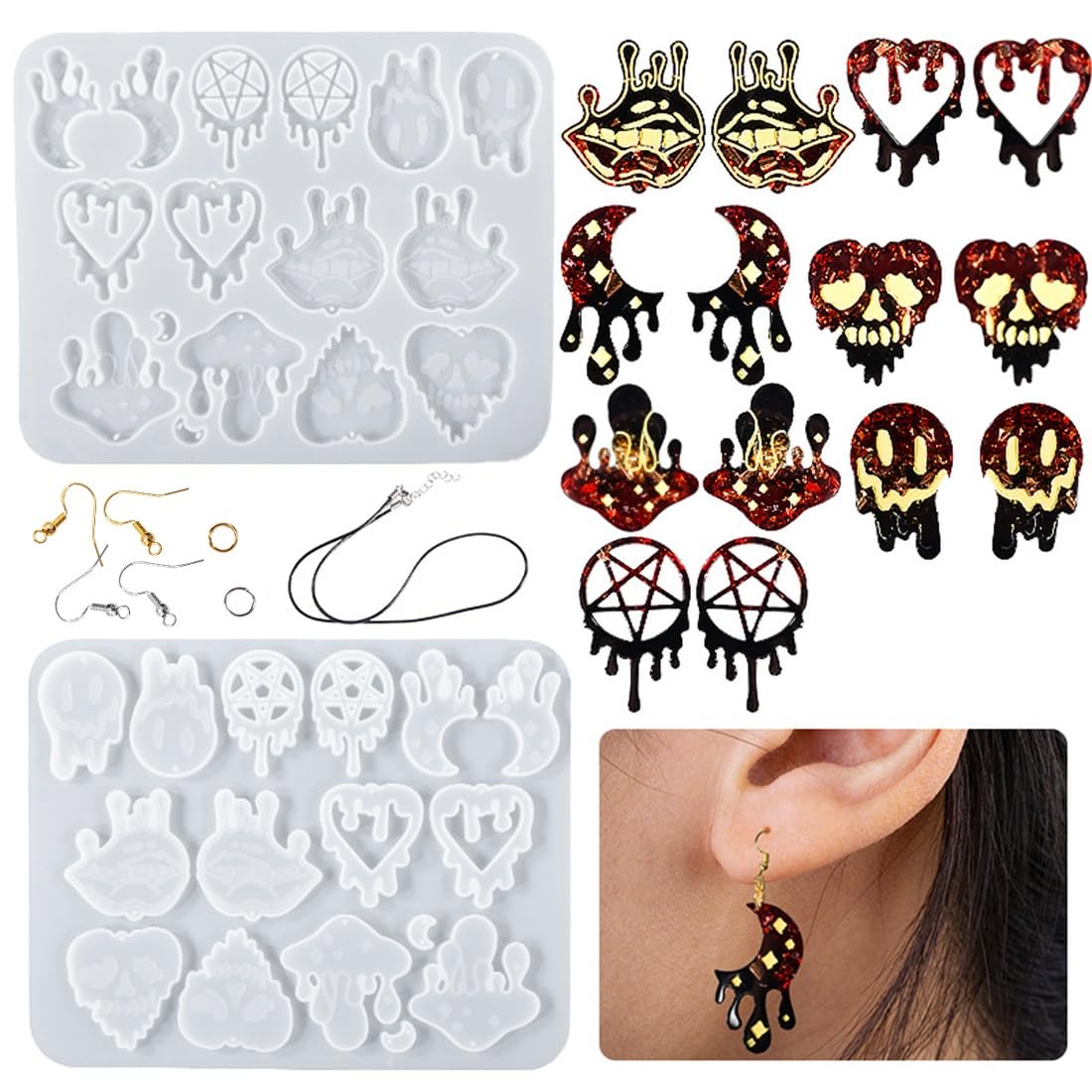 Voyyphixa 144PCS Earring Resin Moulds Dripping Blood Horror Theme Silicone Molds for Resin Casting with Earring Hook Jump Rings for Earring Pendants Necklace Jewelry and Keychain (144PCS)