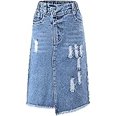 GORGLITTER Girl's Jean Skirts Raw Trim Ripped Denim Midi Skirt Kids Asymmetrical Hem Long Skirts with Pockets