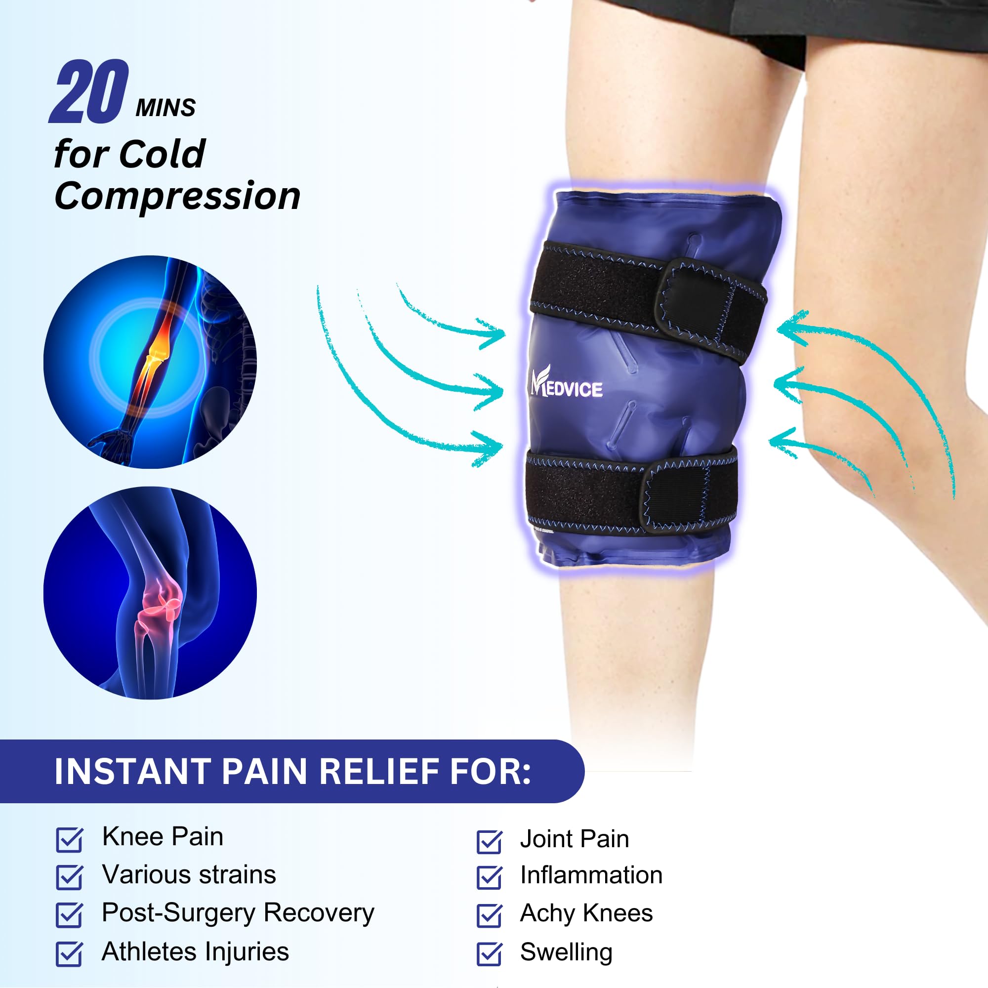 Medvice Ice Pack with Cold Compression for Knee Pain Relief, Swelling, Knee Replacement Surgery, Arthritis, and Injury Recovery, Adjustable Straps, Reusable Gel Ice Wrap for Meniscus Tear and ACL Blue