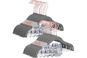 Wellong Baby Hangers with Clips, 24 Packs Kids Velvet Clothes Hangers, Heavy-Duty Childrens Pant Hangers for Shirts, Pants, Skirts, Dresses, Jackets, Coat Gray - Rose Gold Hook