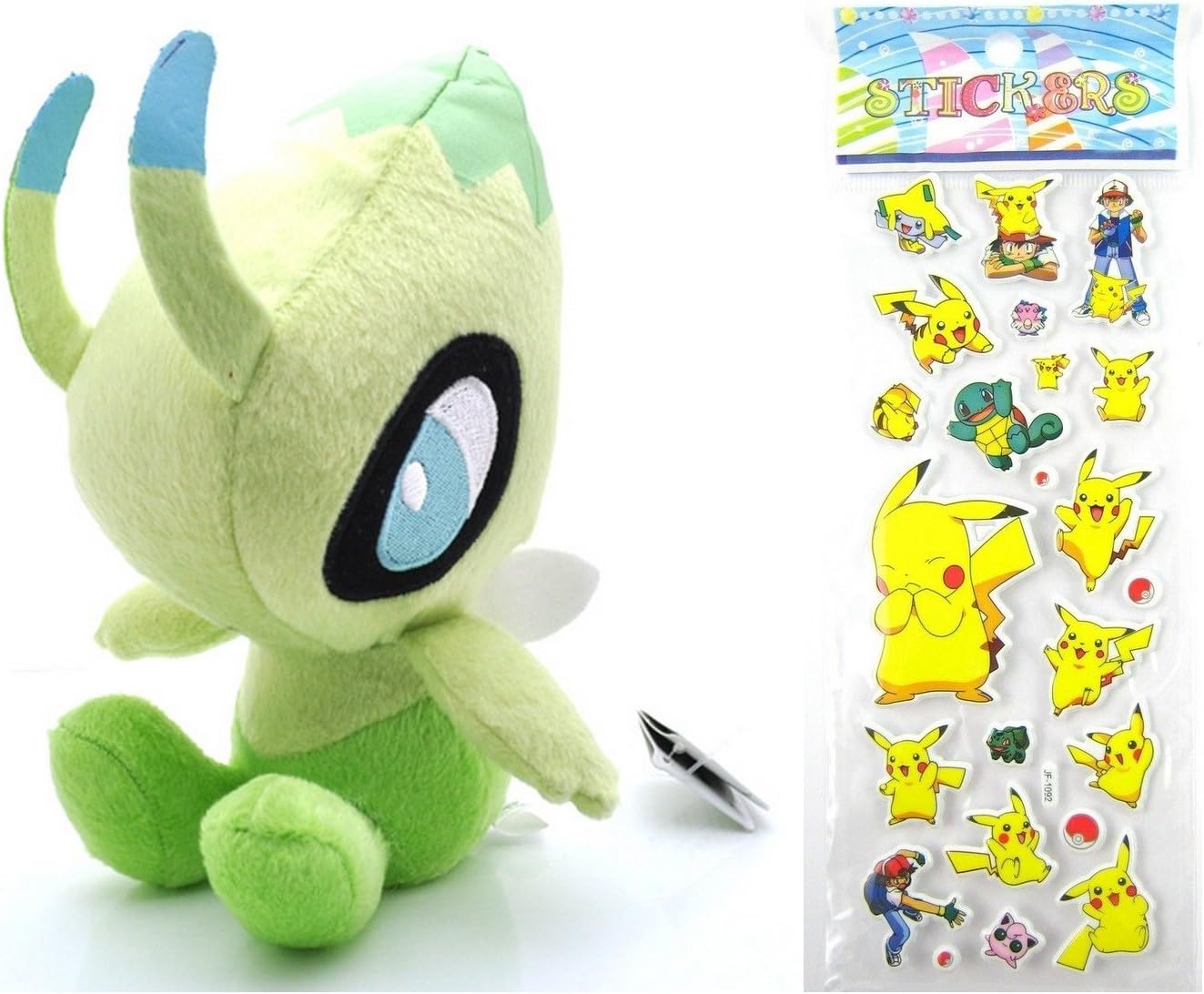 Toy Pokemon Plush Legendary Celebi Plush Doll Around 18cm 7 Inch + Pokemon Sticker (Children One Size, Celebi)