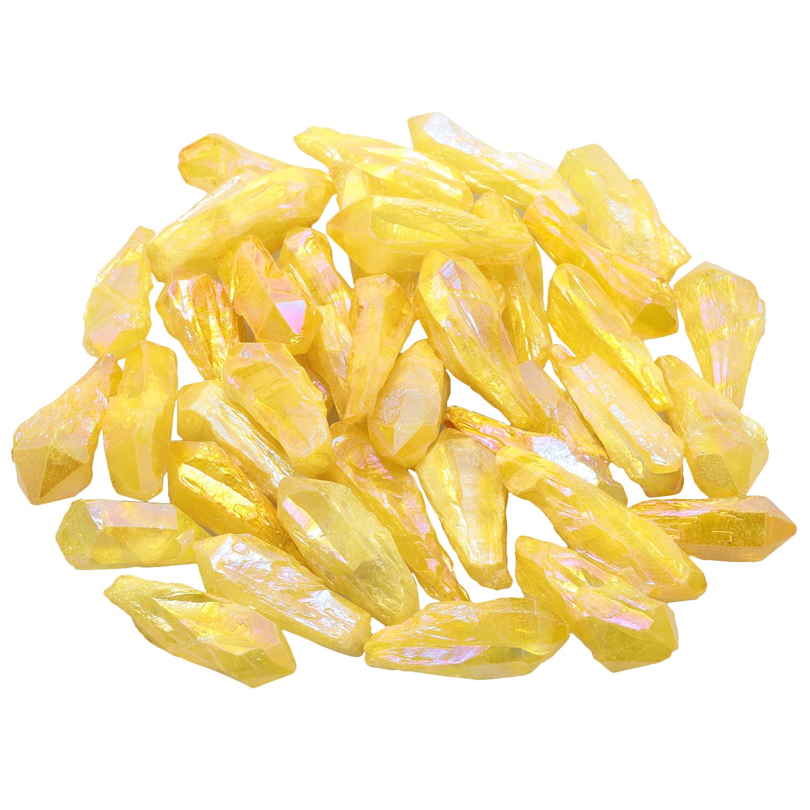 KYEYGWO 1 lb Titanium Coated Raw Rock Crystal Points Bulk Irregular Rough Quartz Stone Wands Kit Without Drilled for Jewellery Making DIY Art Craft, Yellow