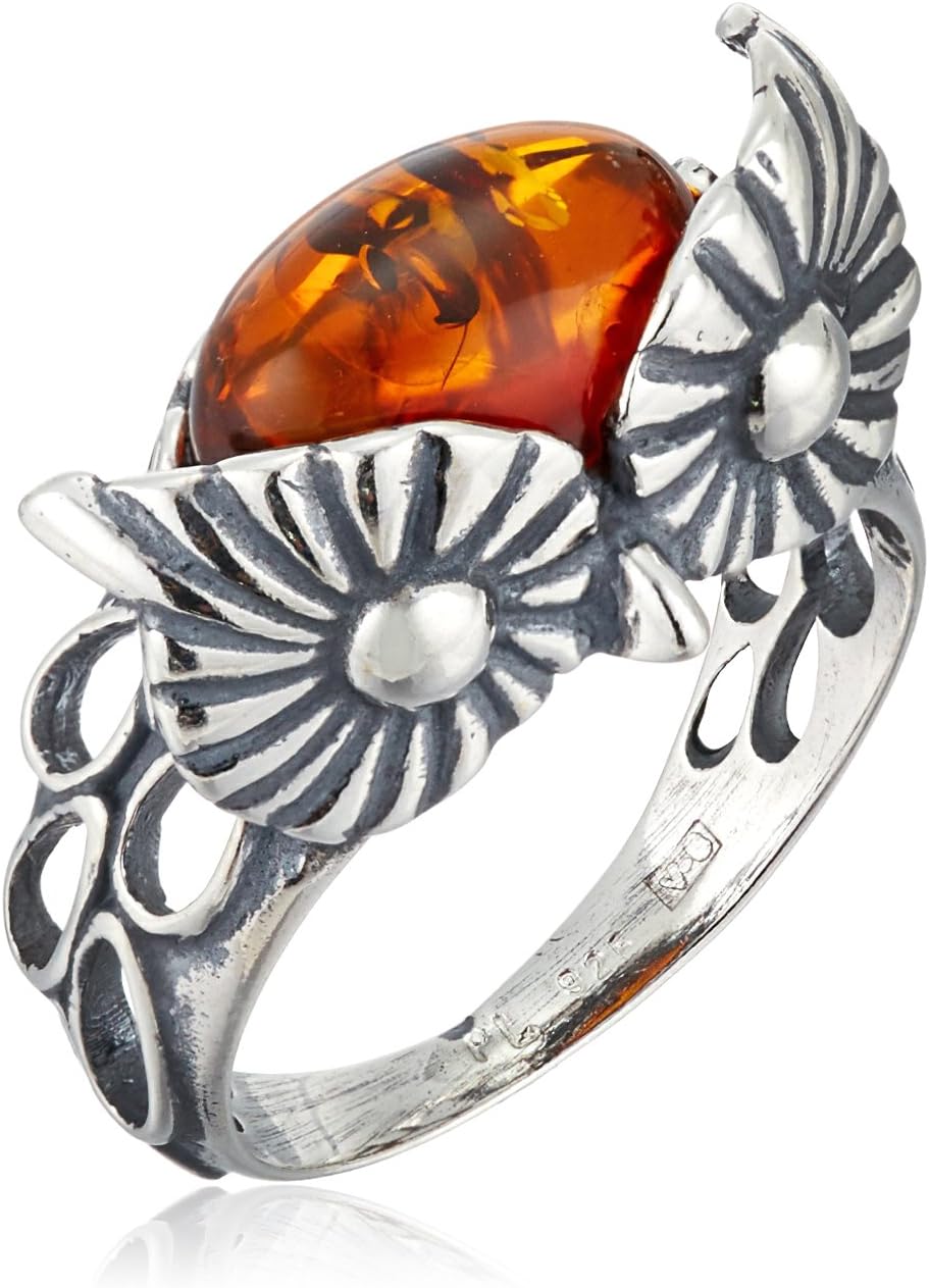 Amber Sterling Silver Owl Ring, Size 9