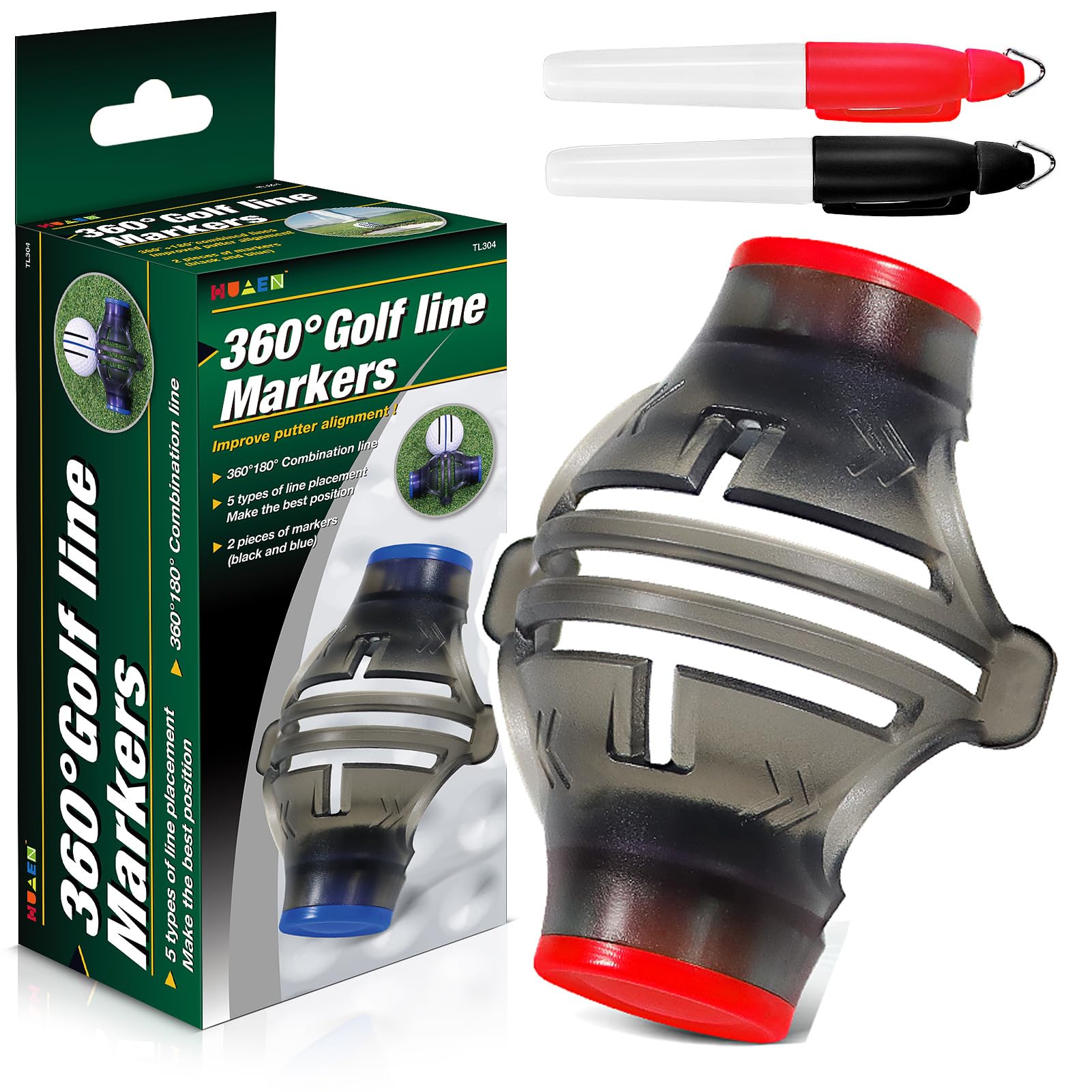 SUBORAWOS Golf Ball Marker Stencil with 2 Color Marker Pens, 360 Degree Line Drawing Alignment Accessory Tool,Triple Line Golf Ball Markers for Men and Women (Red)