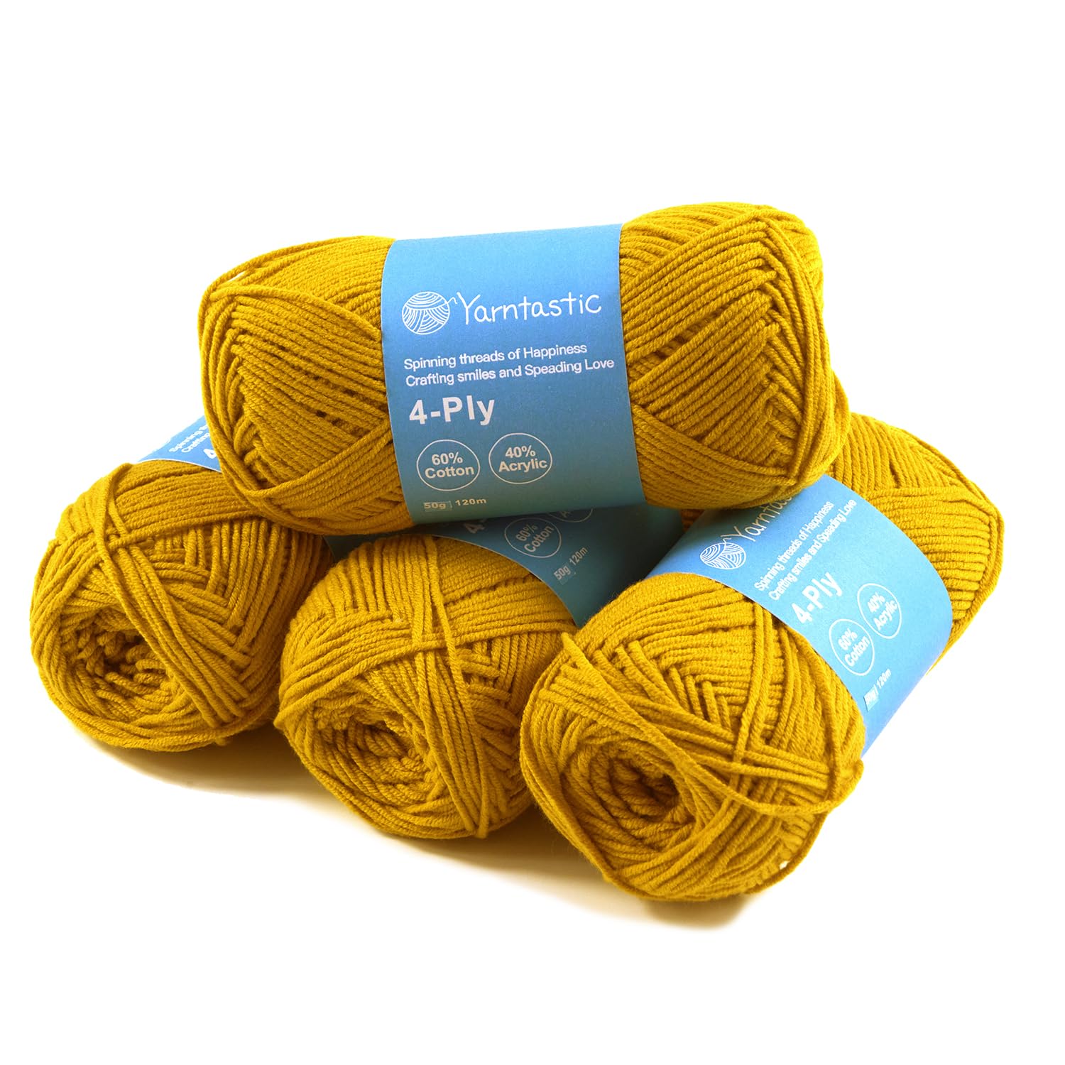 Yarntastic 50g x 4 Balls in a Pack, 4 Ply Yarn, 16 Wraps per inch (About 2.5cm), 60% Cotton 40% Acrylic Blended, 43 Colour Choices; for Knitting, Crochet, Amigurumi, Baby Blanket, Clothing and Others