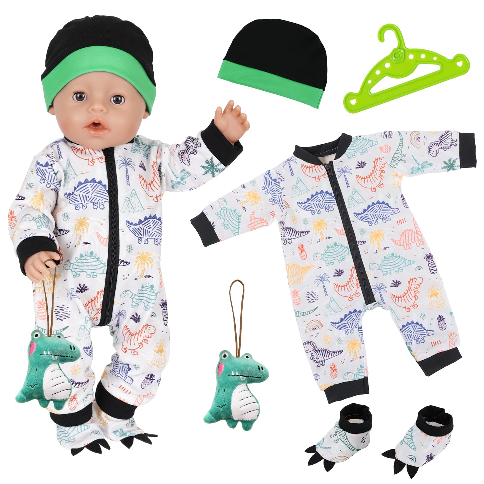5 Pcs Baby Doll Clothes for 14-18 Inch Dolls, 35-45cm Green Doll Outfits with Dinosaur Overalls Hat Hanger Socks Pendant, Cartoon Doll Clothes for 43cm New Baby Dolls Girls Birthday Gifts
