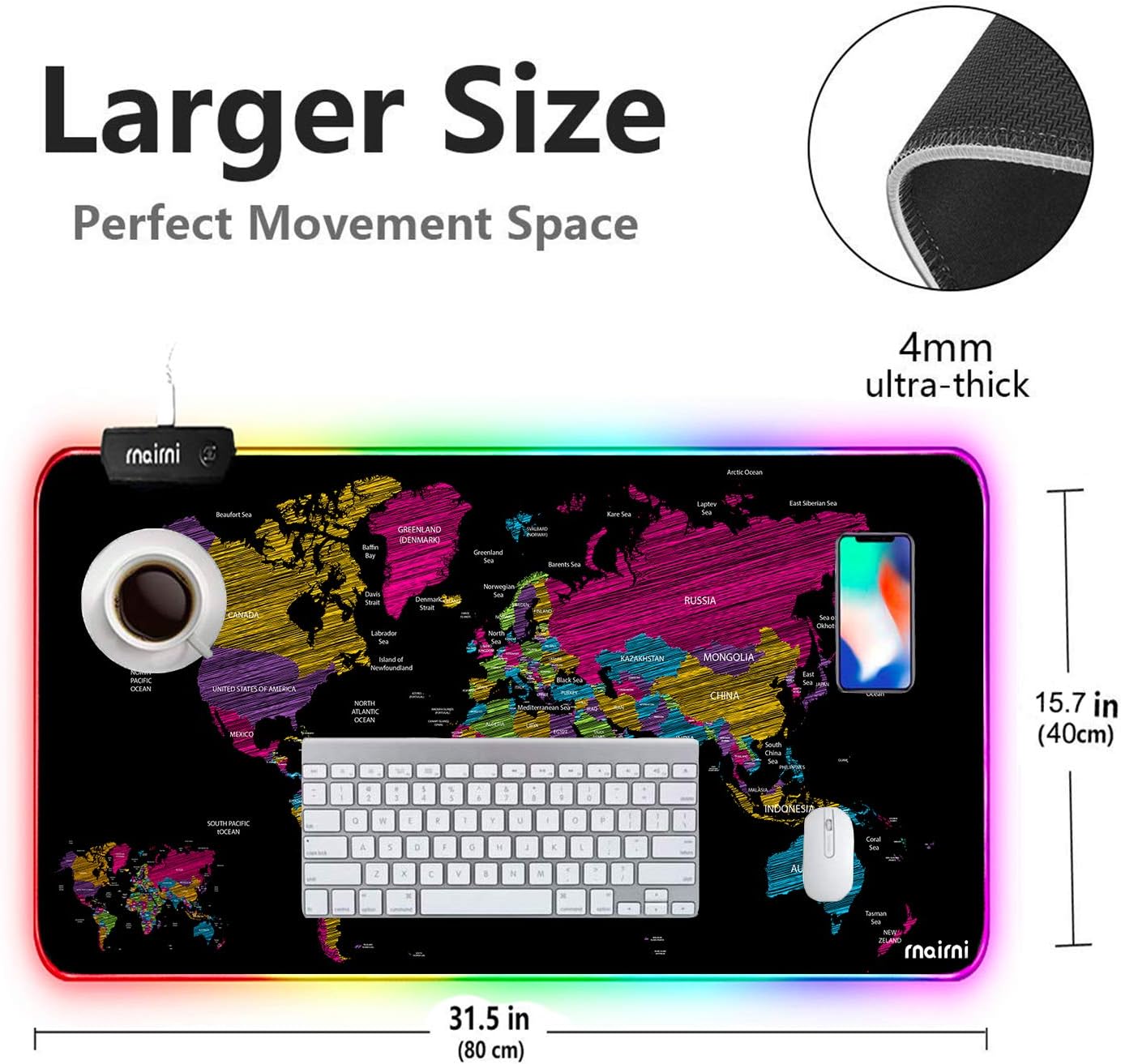 Extended RGB Mouse Pad Mat, rnairni Large Office Table Desk Mat Gaming Lighting Led Mousepad for PC Computer MacBook Keyboard Waterproof Anti-Slip Ultra Thin 4mm - 31.5'' x 15.7' (Black Map) : Office Products