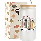 Mikopei Social Worker Gifts for Women - Aesthetic Glass Cup with Lid and Straw, Social Work Month Appreciation Gifts Graduation Office Decor, Cute Iced Coffee Cup for Women, 16 oz
