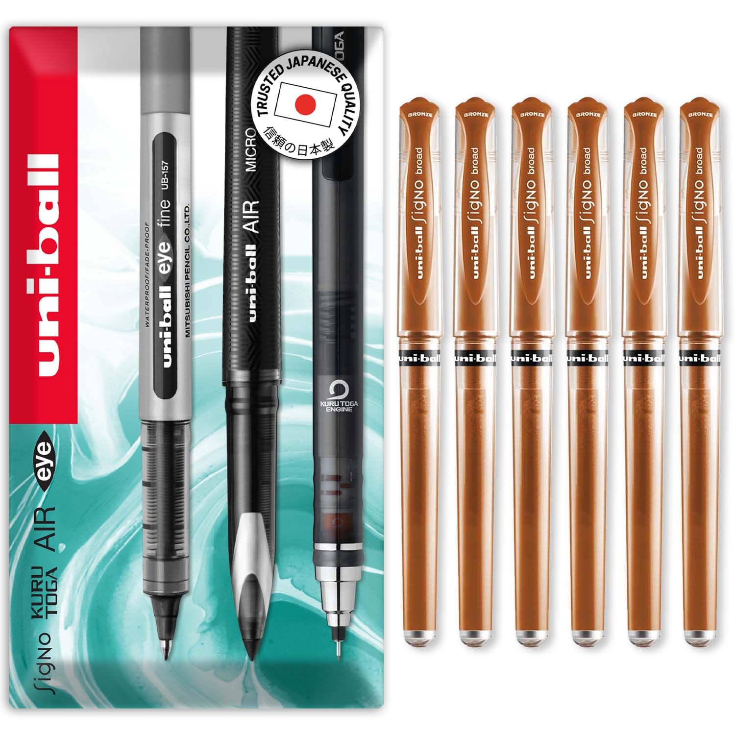 uni-ball Signo Pen - UM-153 Broad Metallic Gel Ink Rollerball - Metal 1.0mm Tip Nib - Rubber Grip - In Envelope Gift Packaging (Pack of 6, Bronze)