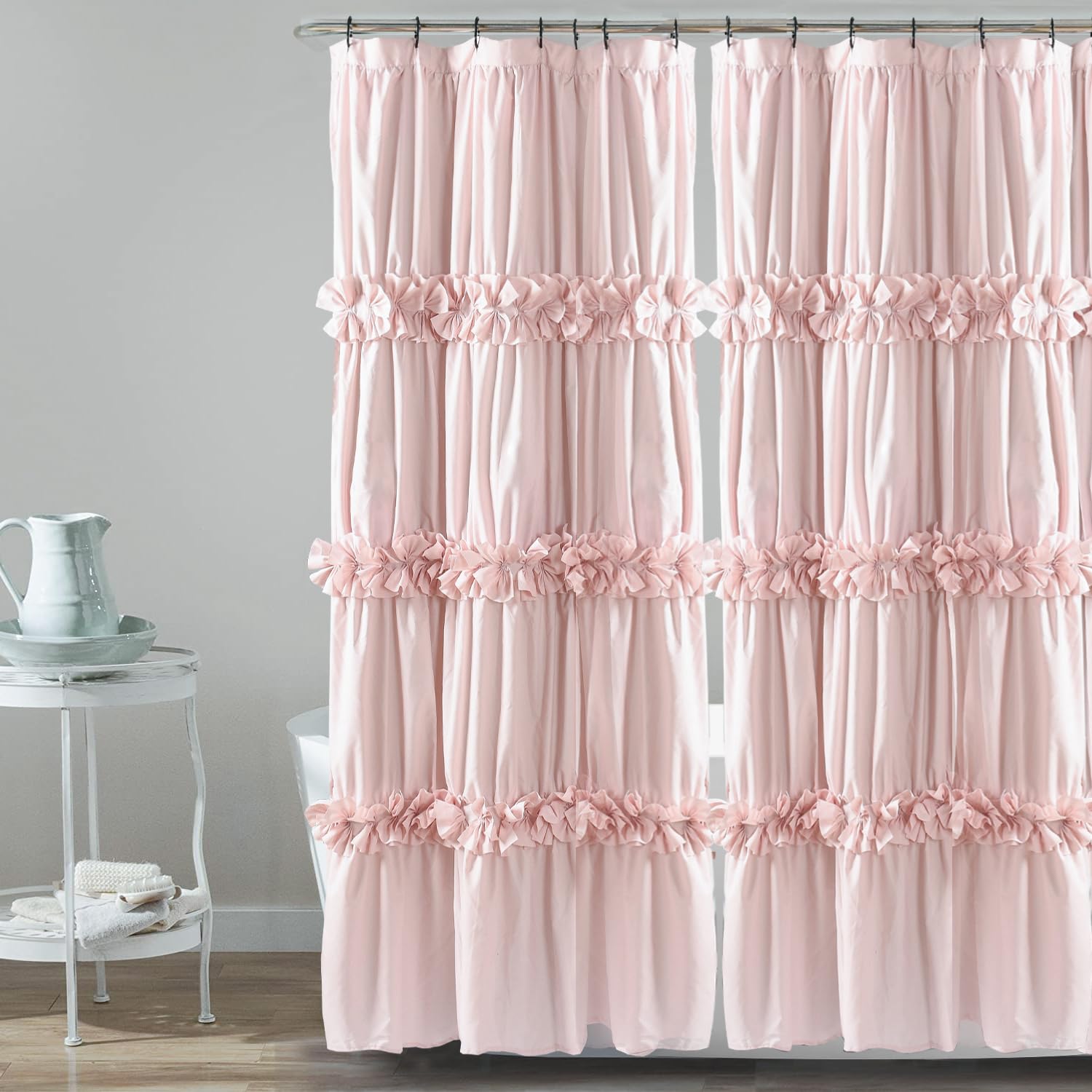 Homechoice Decor Peach Small Stall Ruffle Shower Curtain 36" W x 72" H x 2 Panels, Vintage Handcrafted Bow Tie Bath Curtain for Master Bathroom, Ruched Microfiber Bathroom Curtain (LQ-10)