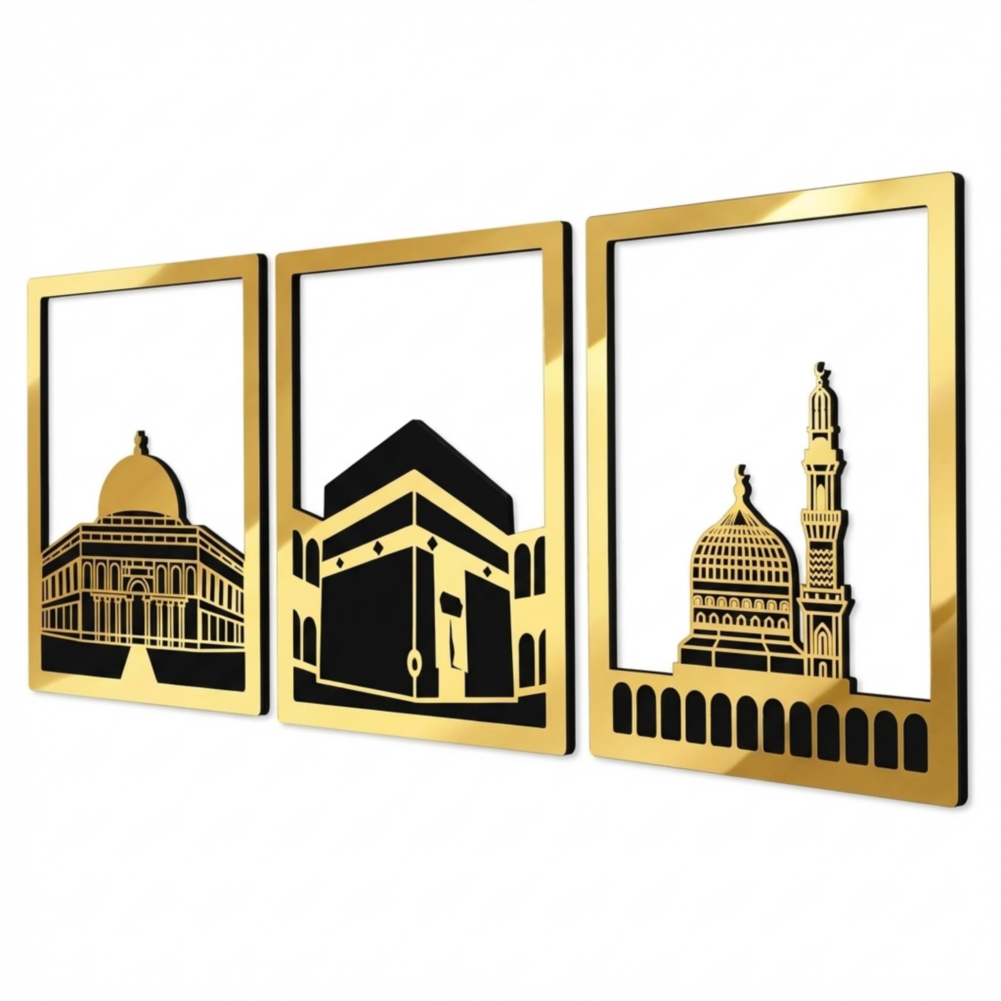 iwa concept Masjid Al Aqsa, Kaaba & Masjid An-Nabawi Islamic Wall Art, Wooden Blessed Places Islamic Wall Decor, Gift for Muslims at Ramadan Eid (Medium, Gold | All Three)