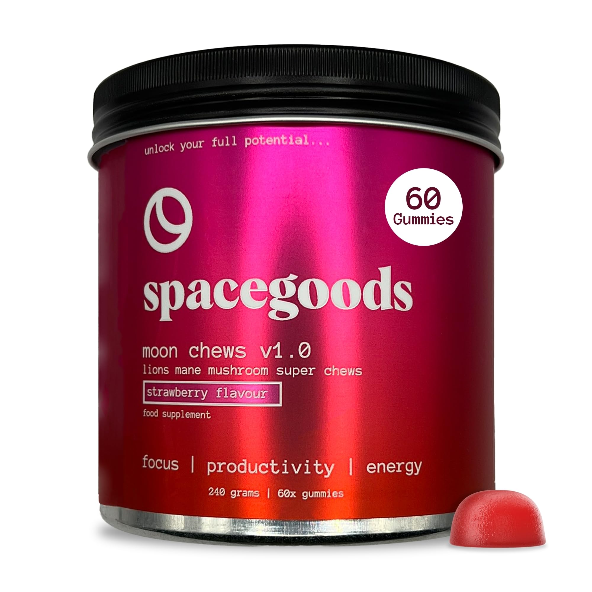 Spacegoods Moon Chews 240g, 30 Servings, Lion's Mane Super Chew, Focus & Clarity Boost, On-The-Go Convenience, Delicious Texture and Taste, Strawberry Flavour