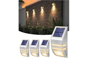 ROOPURE 4 Pack Solar Stainless Steel Fence Lights Outdoor Waterproof Motion Sensor Wall Sconce for Backyard Post, Deck, Porch, Stair Rail, Dock, Gate, Walkway, Steps, Patio, Garden, Ambiance Warm Lighting