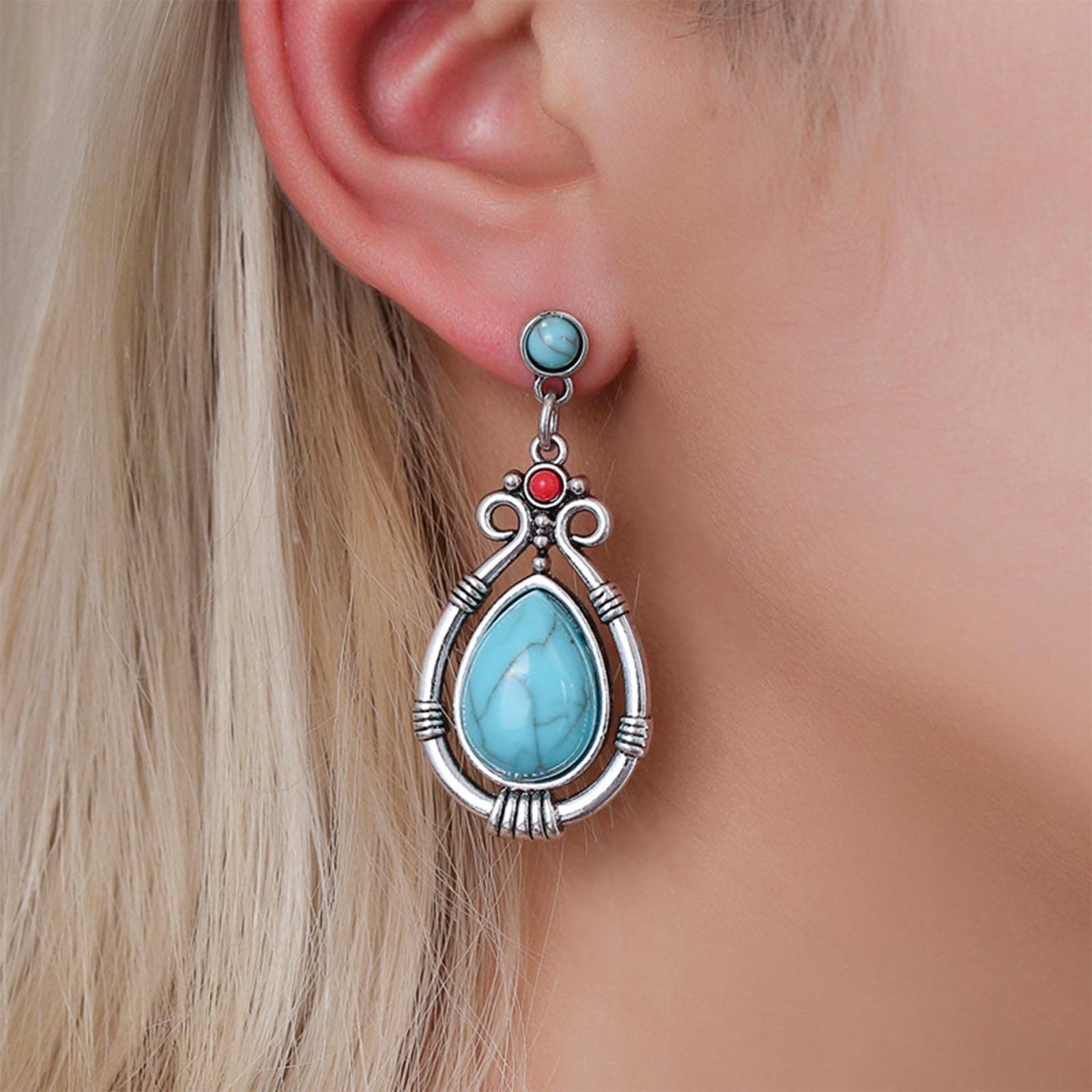 Yienate Boho Turquoise Teardrop Large Turquoise Silver Earrings Dangle Fashion Bohemian Charm Earrings Drop Jewellery for Women and Girls