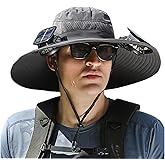 Solar Fan Hat,Wide Brim Sun Hat with 2 Solar Fan, Fishing Hat with Fan for Men, 3 Speed Adjustable Hat with Solar Fans Built in (Grey)