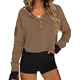MAOECO Womens Cropped Sweatshirts Henley V Neck Long Sleeve Button Pullover Lightweight Casual Tops