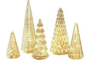 Ochine Set of 5 Illuminated Mercury Glass Trees Christmas Decorations, Mercury Glass Christmas Trees Xmas Tree Figurine for X