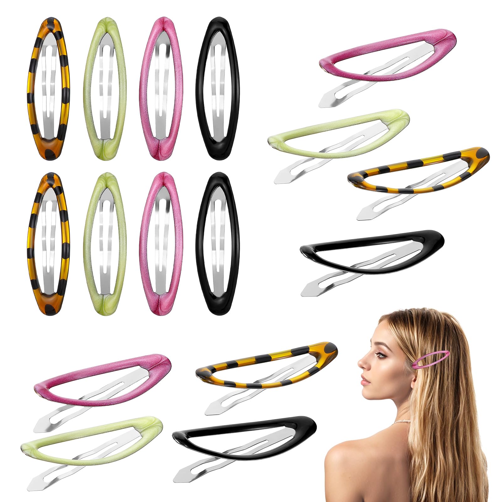 Photo 1 of 16 Pieces Small Snap Hair Clips for Thick Fine Hair, Oval Metal Snap Clips Barrettes for Girls Women, No Slip Small Barrettes for Thin Fine Hairs, Black Leopard Purple Green