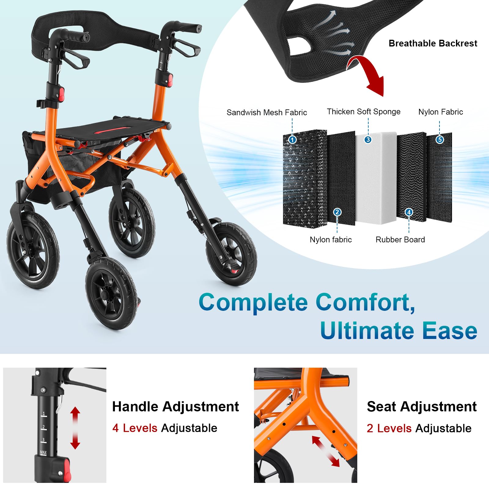 Rollator Walker with Seat, Tall Walkers for Seniors, 12