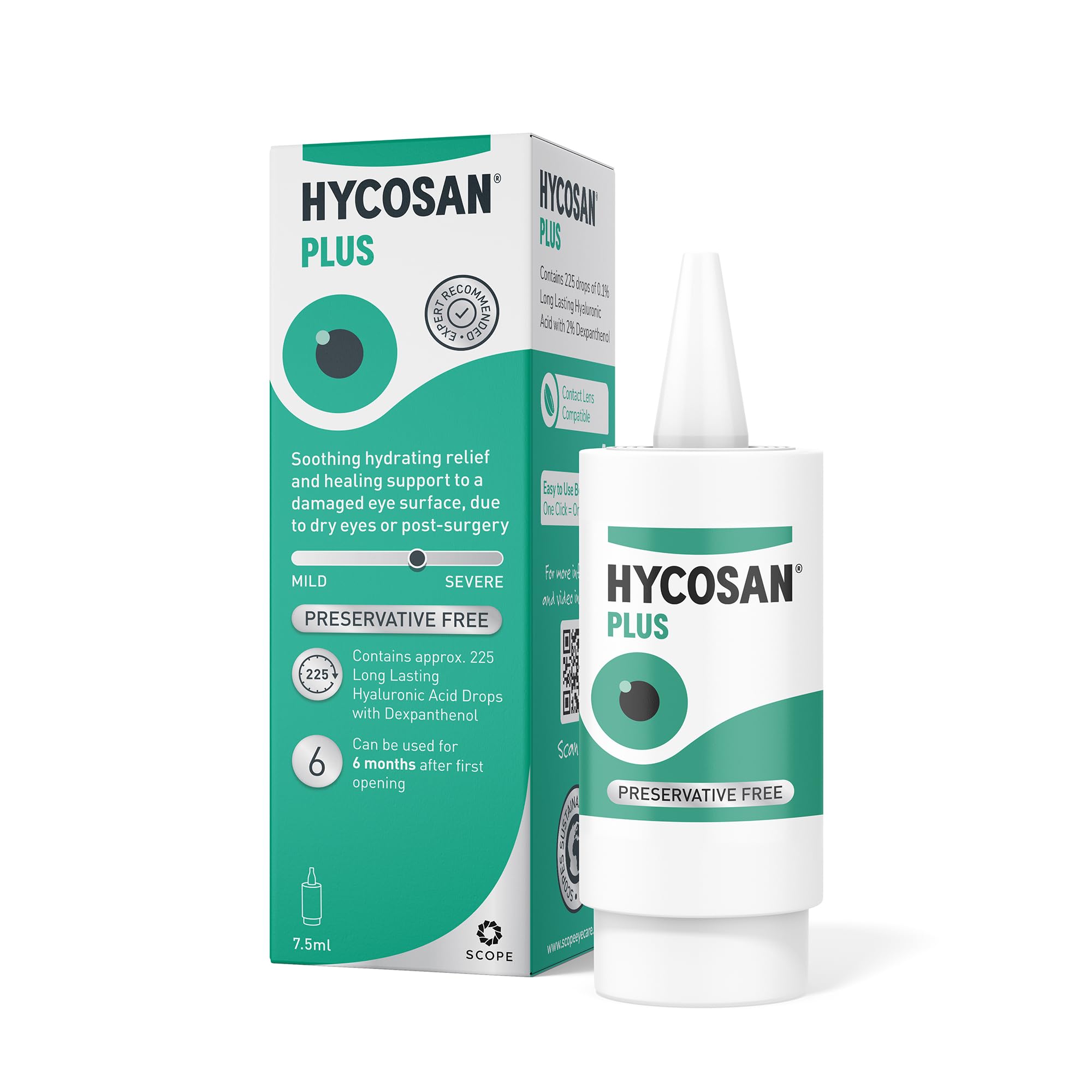 Hycosan Plus - Dry Eye Drops with Hyaluronic Acid and Dexpanthenol for Soothing Hydrating Relief and Healing Support for Eyes Recovering from Injury or Surgery - Preservative Free - 225 Measured Doses