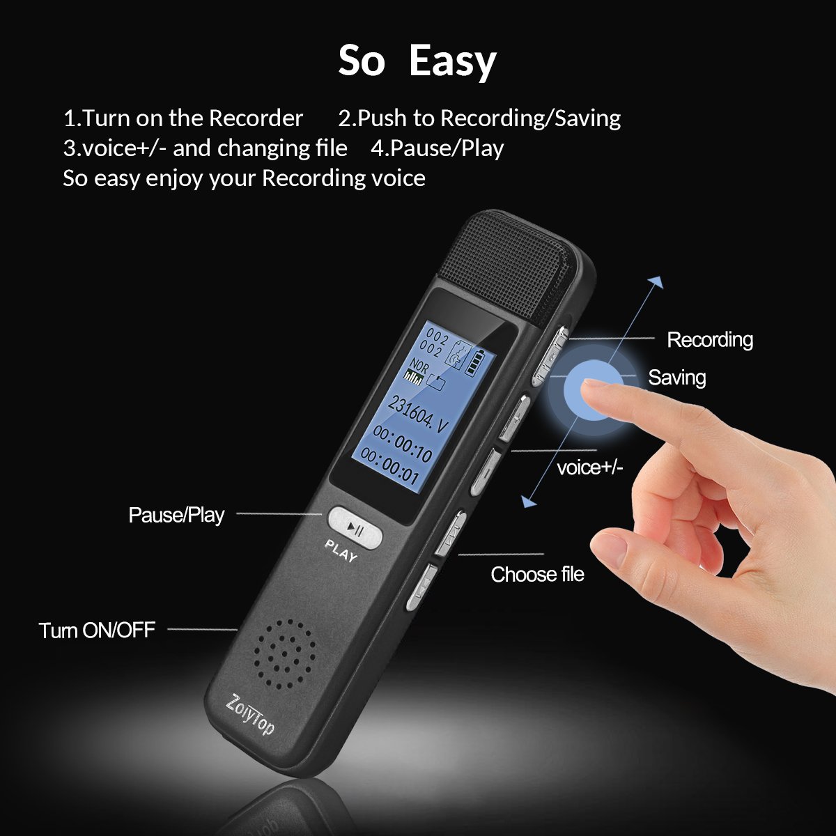Digital Voice Recorder, ZoiyTop 8GB 3072Kbps Sound Audio Recorder Dictaphone,Double Microphone HD Recording,Premium Quality Metal Casing,Noise Cancelling, MP3 Player